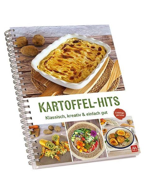 „KARTOFFEL-HITS: Klassisch, kreativ & einfach gut“ steht auf einem Spiralbuch. Zeigt gratinierte Kartoffeln und Gerichte.