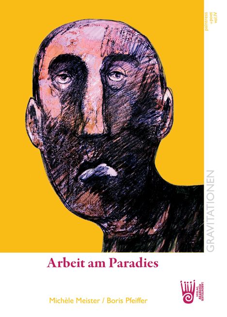 "Arbeit am Paradies" ist der Titel. Illustration: Kopf eines nachdenklichen Mannes, gelber Hintergrund.