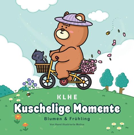 KLHE Kuschelige Momente. Blumen & Frühling. Von Hand illustrierte Motive. Ein Bär auf einem Fahrrad mit Katze im Korb.