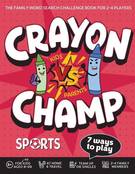 "CRAYON CHAMP", Kids vs Parents. Ein grüner und ein blauer Wachsmalstift werfen sich Fäuste zu, darunter "SPORTS".