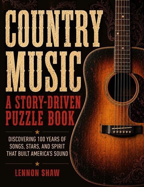 "Country Music: A Story-Driven Puzzle Book" in großen Buchstaben, daneben Gitarre in warmen Brauntönen. Autor: Lennon Shaw.