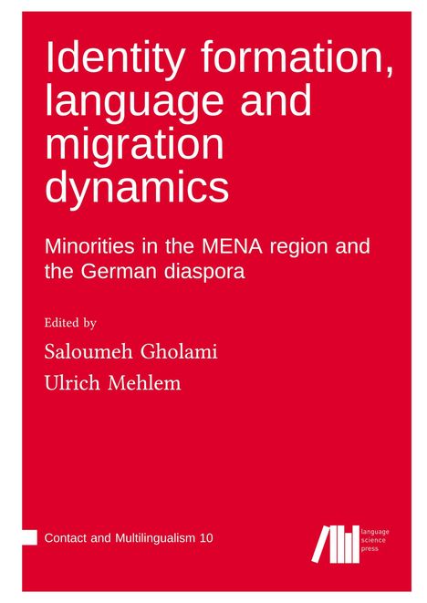 Roter Hintergrund, weißer Text: "Identity formation, language and migration dynamics". Unten ein minimalistisches Logo.