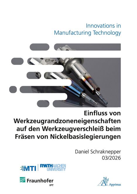 Innovations in Manufacturing Technology. Bild eines metallischen Fräswerkzeugs. Logos von MTI, RWTH Aachen, Fraunhofer IPT, Apprimus.