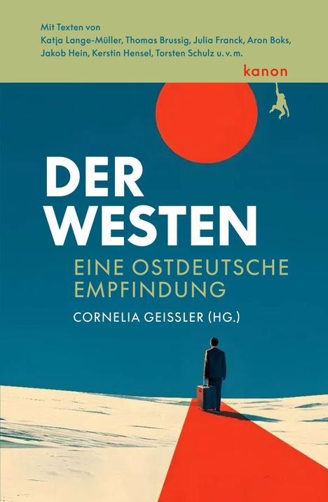 Buchtitel: "Der Westen - Eine ostdeutsche Empfindung" von Cornelia Geissler. Illustration: Person auf rotem Teppich unter roter Sonne.
