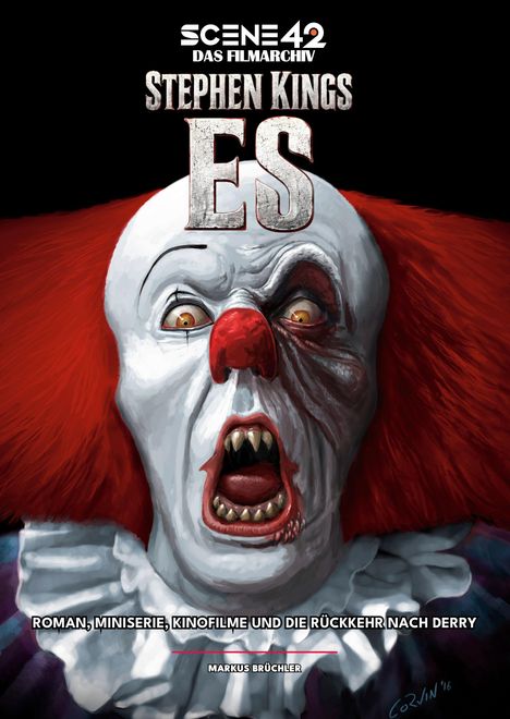 "Scene 42, Stephen Kings ES" Ein gruseliges Clown-Porträt mit roten Haaren und einem weit geöffneten Mund.
