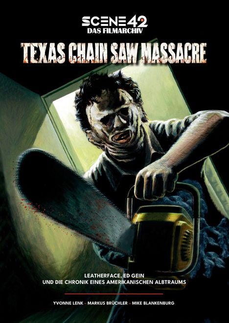 Oben steht "SCENE 42: DAS FILMARCHIV". Darunter "TEXAS CHAIN SAW MASSACRE". Eine gruselige Figur hält eine Kettensäge.