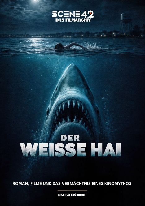 „Der weiße Hai“, eine bedrohliche Unterwasserszene mit riesigem Hai unter einem schwimmenden Menschen bei Nacht.