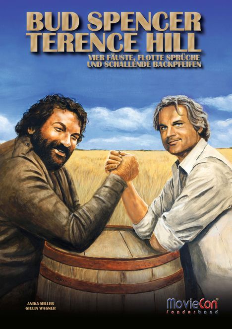 Eine Illustration zeigt zwei Männer beim Armdrücken. Text: "Bud Spencer Terence Hill – vier Fäuste, flotte Sprüche und schallende Backpfeifen."