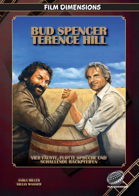 Oben: "BUD SPENCER TERENCE HILL". Unten: "VIER FÄUSTE, FLOTTE SPRÜCHE UND SCHALLENDE BACKPFEIFEN". Zwei Männer beim Armdrücken.