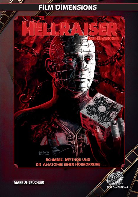 "HELLRAISER DAS FRANCHISE" in roten Buchstaben. Ein blassgesichtiger Mann mit Nägeln im Kopf hält eine dekorierte Box.