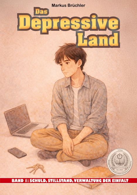 Titel: "Das Depressive Land". Ein junger Mann sitzt nachdenklich neben einem Laptop und Schlüsseln auf dem Boden.