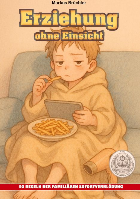 Titel: "Erziehung ohne Einsicht". Untertitel: "30 Regeln der familiären Sofortverblödung". Illustration eines Kindes mit Pommes.