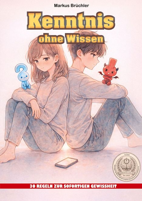 "Kenntnis ohne Wissen", Illustration: Ein Mädchen mit blauem Wesen und Junge mit rotem Teufelchen, Rücken an Rücken.