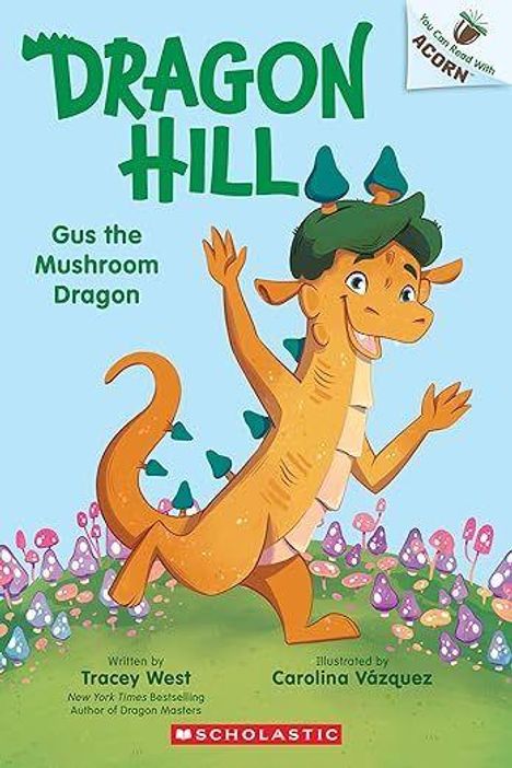 "Dragon Hill: Gus the Mushroom Dragon" oben, fröhlicher Drache mit Pilzen auf dem Kopf lächelt, umgeben von bunten Pilzen.