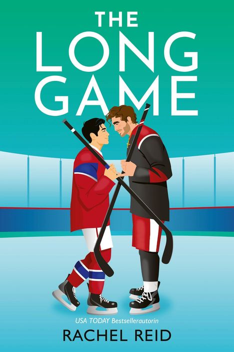 Text: "The Long Game", "USA TODAY Bestsellerautorin", "Rachel Reid". Zwei Hockeyspieler stehen sich auf dem Eis gegenüber.