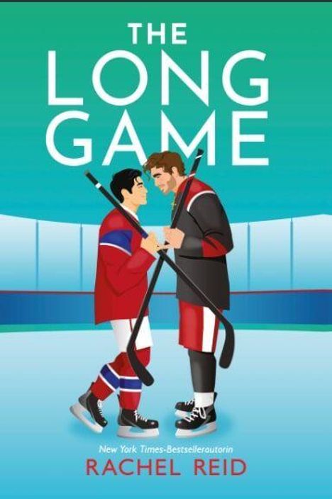 Text: "THE LONG GAME" oben, "Rachel Reid" unten. Zwei Eishockeyspieler stehen einander gegenüber in einer Arena.