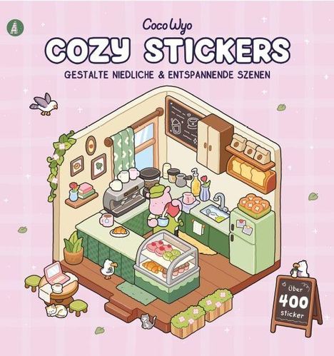Text: "CocoWyo Cozy Stickers: Gestalte niedliche & entspannende Szenen, über 400 Sticker". Illustration eines gemütlichen Cafés.