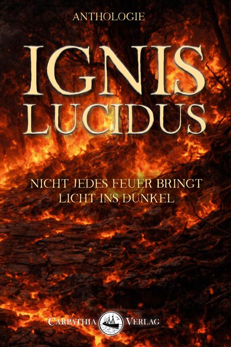 Titel: "Ignis Lucidus". Slogan: "Nicht jedes Feuer bringt Licht ins Dunkel". Hintergrund: Lodernde Flammen.