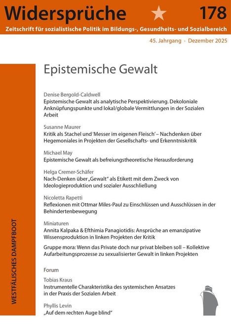 Widersprüche 178. Epistemische Gewalt. Diverse Artikel zu epistemischer Gewalt und sozialen Themen. Westfälisches Dampfboot.