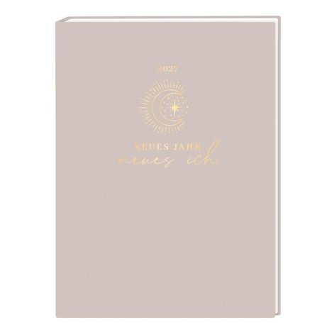 2027, NEUES JAHR neues ich. Illustration von Sonne, Mond und Sternen auf einem pastellfarbenen Notizbuchumschlag.