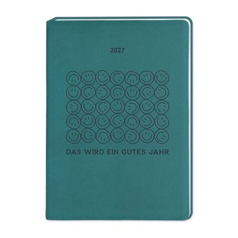 2027. DAS WIRD EIN GUTES JAHR. Illustration: Mehrere Reihen lächelnder Gesichter auf grünem Hintergrund.