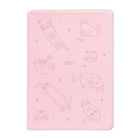 2027. Illustration von verspielten Katzen und kleinen Herzen auf einem rosa Hintergrund.