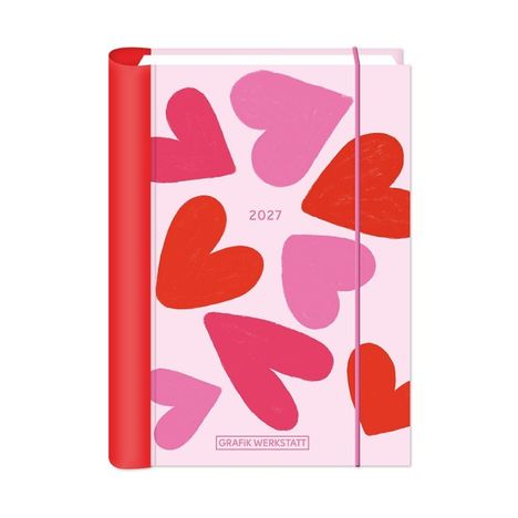 2027, Grafik Werkstatt. Ein Notizbuch mit roten und rosa Herzen auf einem hellrosa Hintergrund, roter Buchrücken.