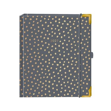 "2027" steht mittig auf einem grauen Hintergrund mit goldenen Punkten, ähnelt einem Tagebuch oder Kalender.