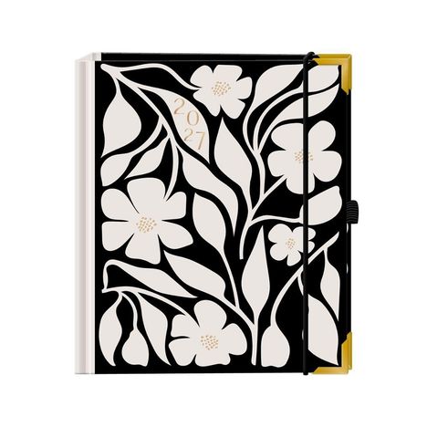 "2027" in goldener Schrift, mit floralen weißen Mustern auf schwarzem Hintergrund, elastisches Band und gelbe Ecke.