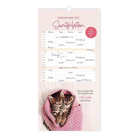 Familienplaner 2027 "Samtpfoten", rosa Schrift. Zwei Kätzchen kuscheln in einer rosa Decke.