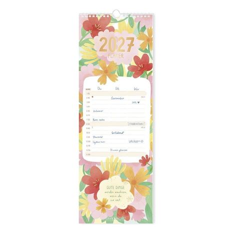 2027 Planer. Gute Dinge werden wachsen, wenn du sie säst. Florale Illustration mit gelben und roten Blumen.