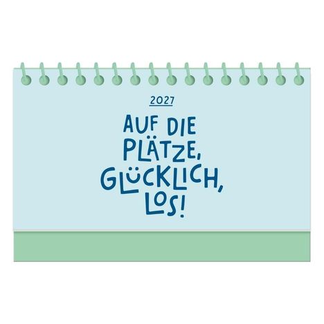 2027. AUF DIE PLÄTZE, GLÜCKLICH, LOS! Illustration eines Kalenders mit pastellfarbenem Design.