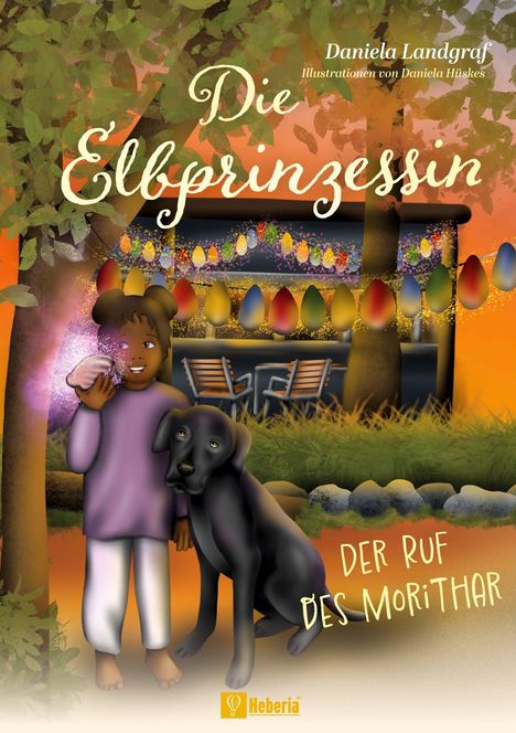 „Die Elbprinzessin: Der Ruf der Morithar“. Mädchen mit Hund, bunte Lichter, Bäume und Bänke, Heberia-Logo.