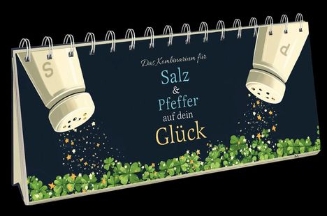 „Salz & Pfeffer auf dein Glück“ in blau und gelb. Klee, Sterne und Streuer ergänzen die Illustration.