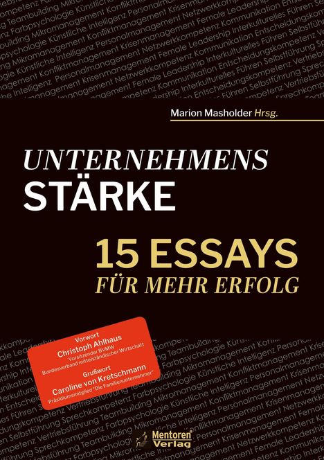 Text: "UNTERNEHMENS STÄRKE, 15 ESSAYS FÜR MEHR ERFOLG." Ein Buchcover mit abstraktem Hintergrundmuster.