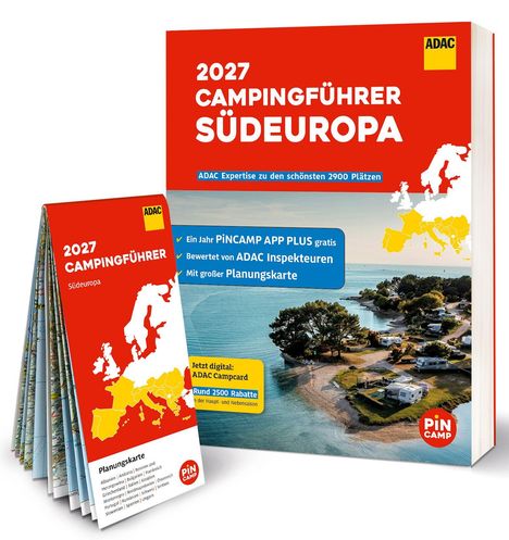 „2027 CAMPINGFÜHRER SÜDEUROPA“, ADAC Karte, Campingplatz am Meer, Wohnmobile, Bäume und Panoramaaussicht.