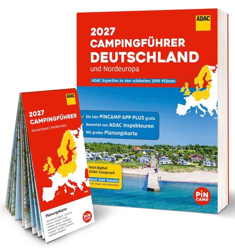 2027 CAMPINGFÜHRER DEUTSCHLAND und Nordeuropa, ADAC Expertise, Karte von Europa, Landschaft mit Campingplatz.