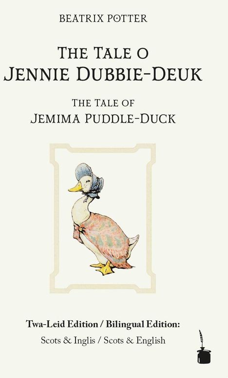 Der Text beschreibt zwei Titelvarianten eines Buches von Beatrix Potter. Darunter eine Illustration einer Ente in Kleidung.