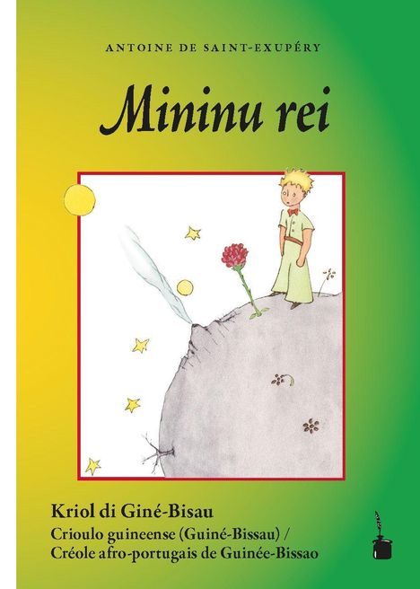 "Mininu rei" von Antoine de Saint-Exupéry; Illustration: Junge auf kleinem Planeten mit Blume, gelber und grüner Hintergrund.