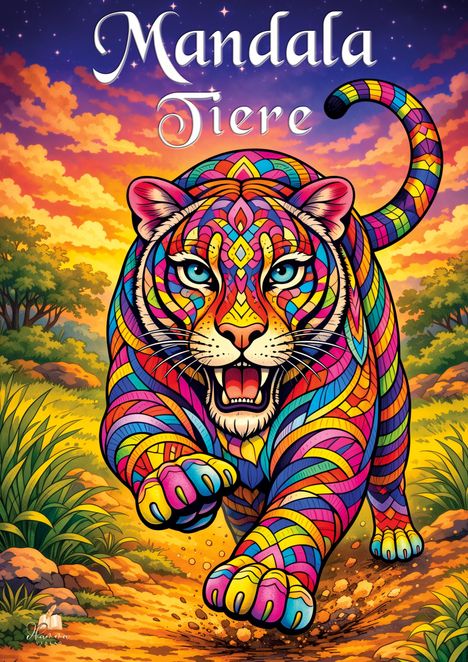 „Mandala Tiere“ in stilvoller Schrift über einem bunten, mandalaartigen Tiger, der dynamisch durch eine Landschaft läuft.