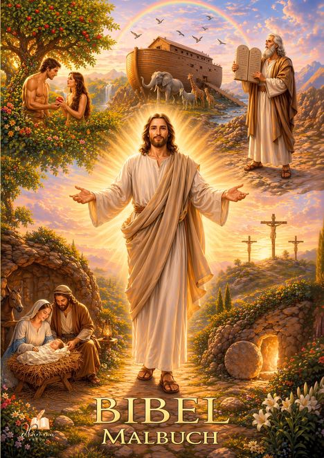 "BIBEL MALBUCH" mit Szenen aus der Bibel: Jesus, Arche, Moses, Geburt Jesu, Kreuzigung. Religöse und historische Darstellungen.