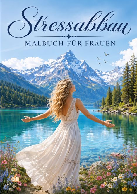 „Stressabbau - Malbuch für Frauen“. Eine Frau in einem weißen Kleid steht vor einem See mit Bergen und Blumen.