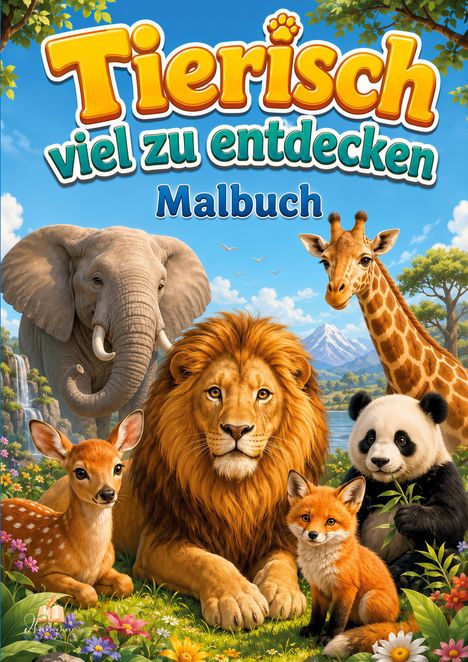 "Tierisch viel zu entdecken Malbuch", Illustration von Tieren: Löwe, Elefant, Giraffe, Panda, Fuchs, Reh in einer bunten Landschaft.