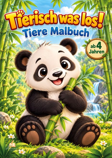 "Tierisch was los! Tiere Malbuch ab 4 Jahren." Ein fröhlicher Panda im Bambuswald, hält Bambusstab.