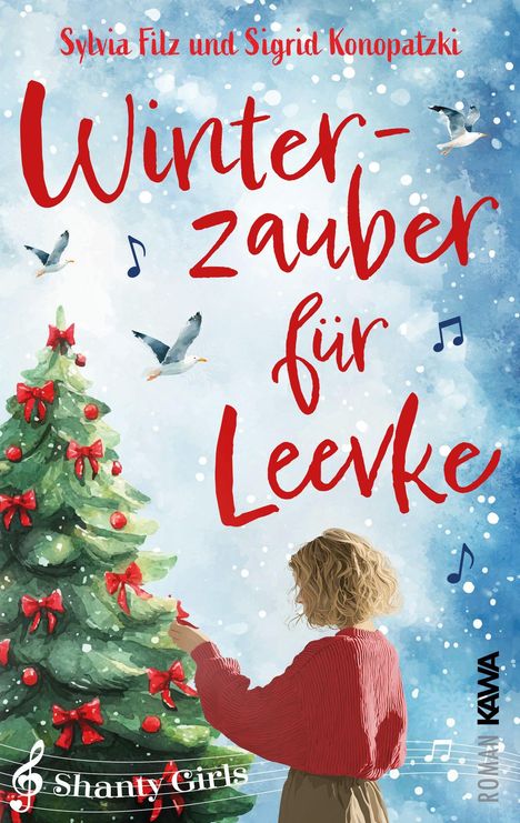 „Winterzauber für Leevke“. Eine Frau schmückt einen mit Schleifen und Kugeln verzierten Baum. Möwen fliegen darüber.