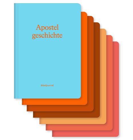 Text: "Apostelgeschichte" und "Bibeljournal". Bunte, gestapelte Notizbücher, oben ein hellblaues.