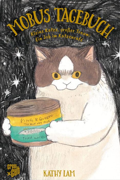 Mobus Tagebuch: Kleine Katze, großer Traum; Ein Job im Katzencafé. Illustration einer Katze hält Dosenfutter.