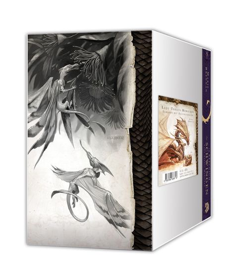 Auf dem Buchrücken steht: "Die Erben der Drachen - Im Zeichen der schwebenden Schwingen." Zu sehen sind Drachenillustrationen.