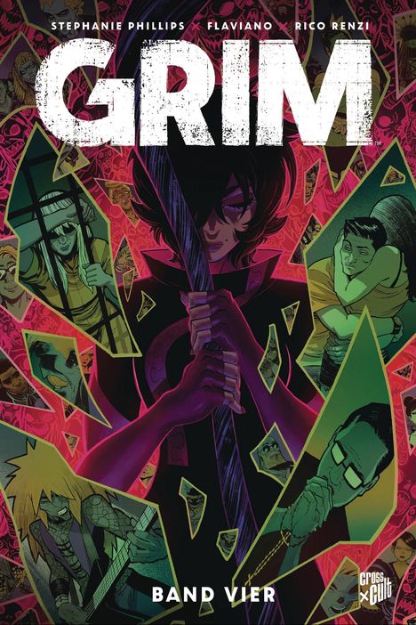 Titel: GRIM. Autoren: Stephanie Phillips, Flaviano. Band Vier. Eine düstere Figur hält eine Sense, umgeben von zersplitterten Bildern.