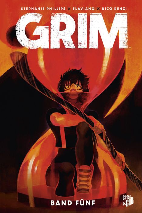 "Band Fünf" steht unten. Illustration einer Person in rot-schwarzem Outfit, sitzend in großer Sanduhr.